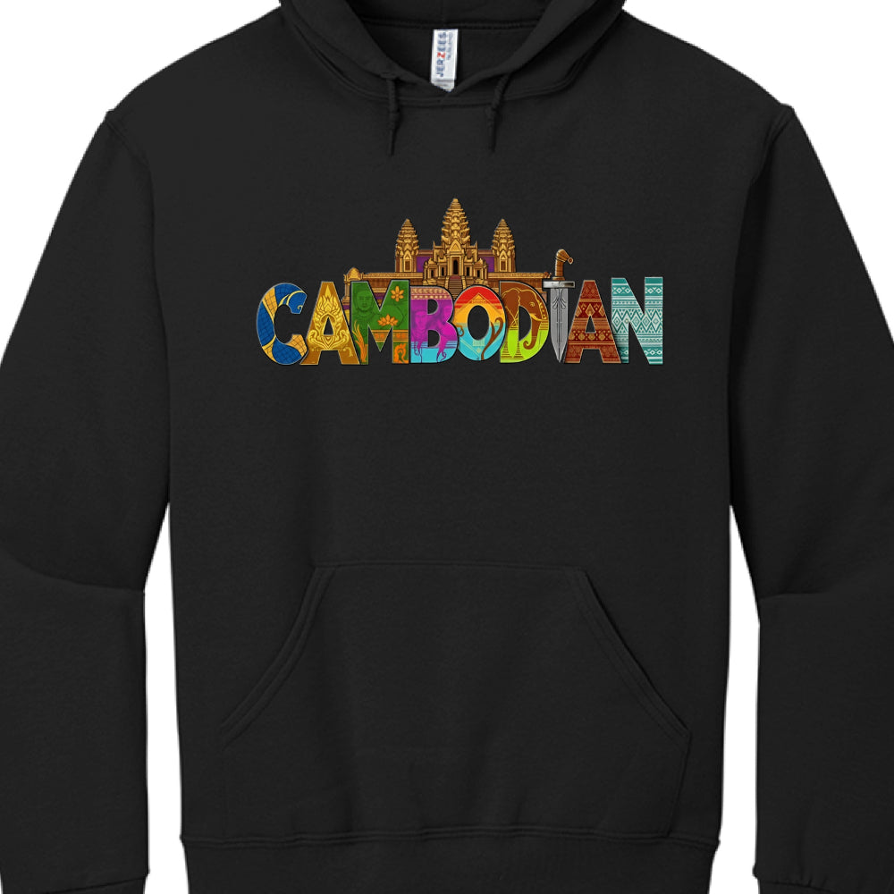 The design is centered around the word "CAMBODIAN" written in a bold, stylized font. Each letter is filled with unique cultural patterns and symbols, and the entire word is topped with an illustration of the iconic Angkor Wat temple in a golden hue.

Key Design Elements
The Text: Each letter features different colors and textures:

C: Deep blue with a scale-like pattern.

A: Gold with intricate traditional Khmer carvings.

M: Green, featuring a silhouette of a Buddha or deity.

B: Pink/Purple with floral or