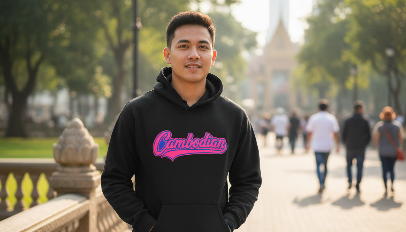 Person wearing a black hoodie with 'Cambodian' printed in pink, standing outdoors.