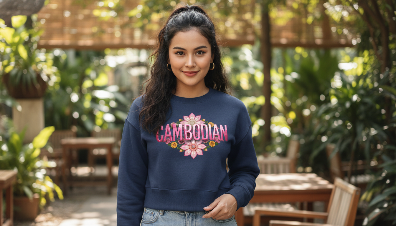 Woman wearing a navy blue sweatshirt with 'Cambodian' text in a garden setting