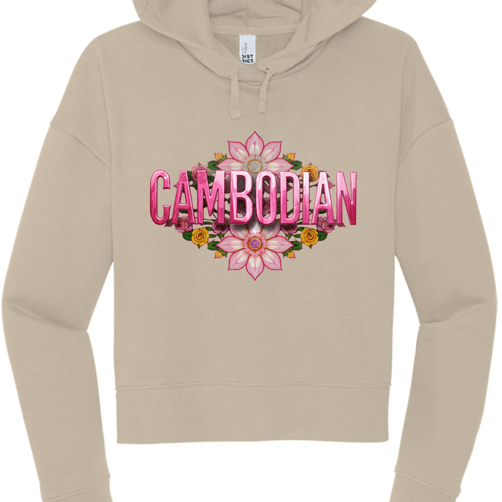 Beige hoodie with 'Cambodian' text and floral design on a white background