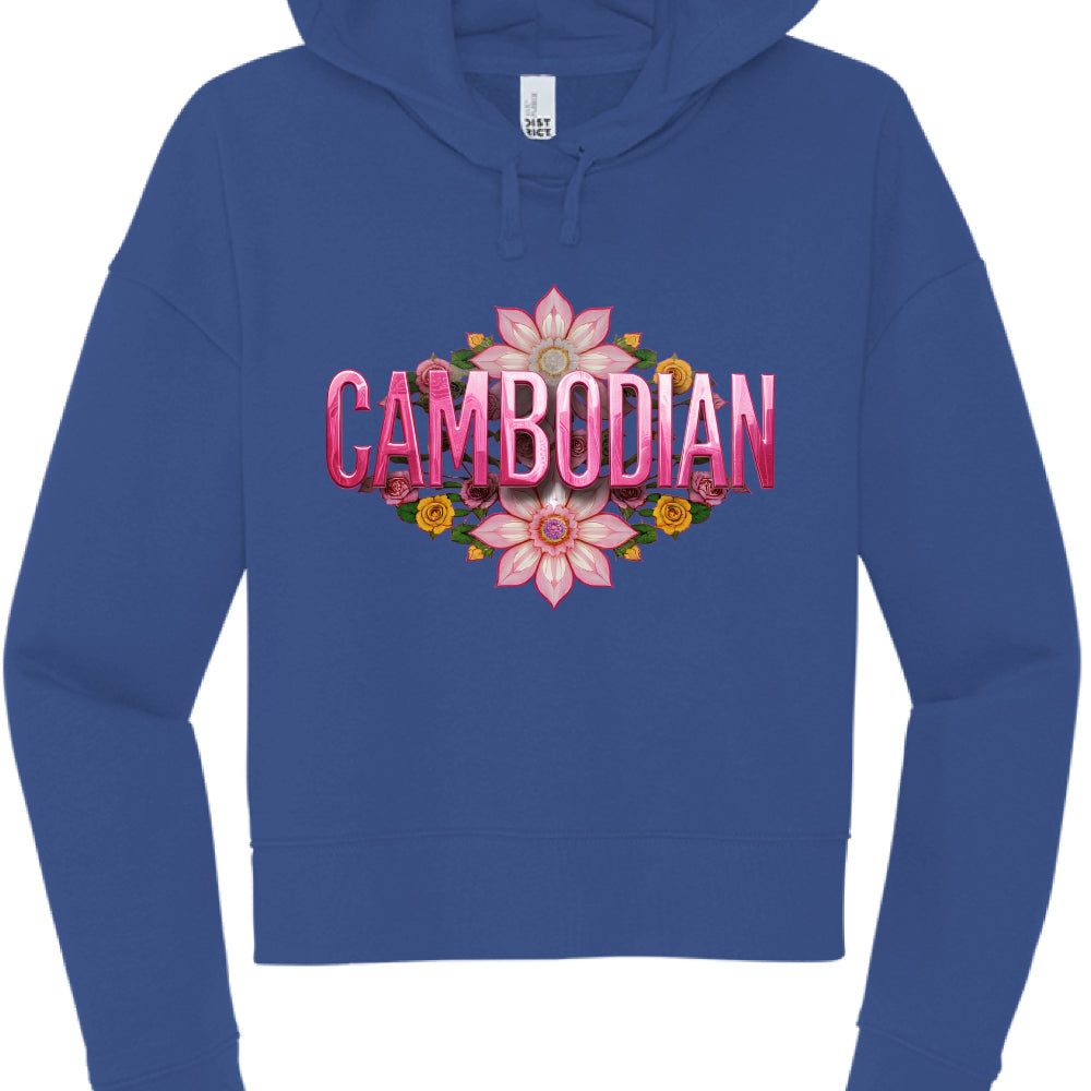 Blue hoodie with 'GAMBODIAN' text and floral designs on a white background