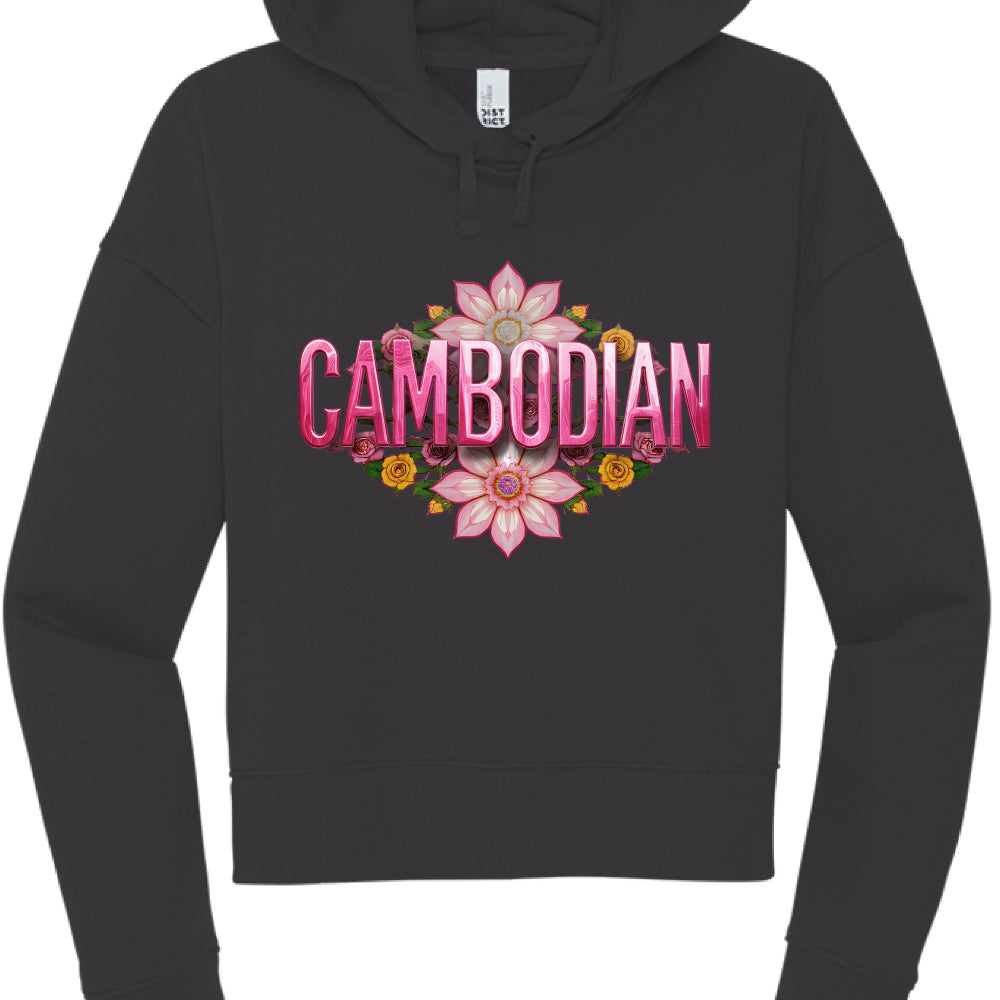 Black hoodie with 'Cambodian' text and floral designs on a white background