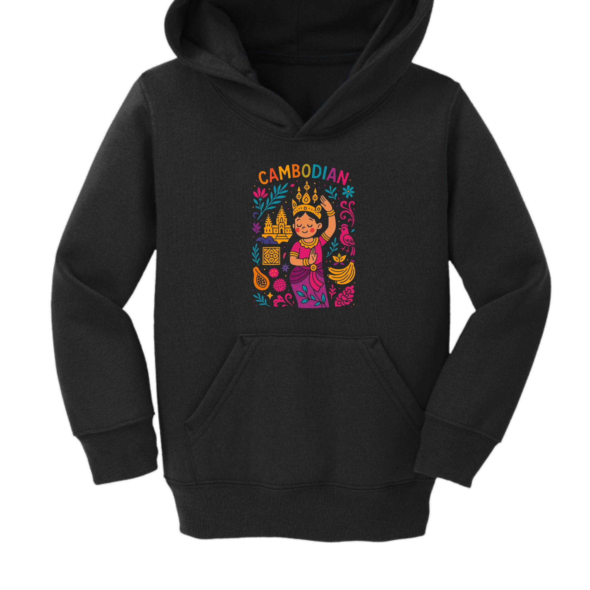 The artwork is a colorful, folk-art-inspired illustration celebrating Cambodian heritage:

Central Character: A young girl depicted in a traditional Cambodian dance pose, wearing a pink and purple outfit with an ornate golden headdress.

Cultural Symbols: The background includes a golden silhouette of Angkor Wat, along with a pink bird and various tropical elements.

Flora and Fruit: The scene is framed by colorful flowers, leaves, a papaya, and a bunch of bananas.

Typography: The word "CAMBODIAN" arches o