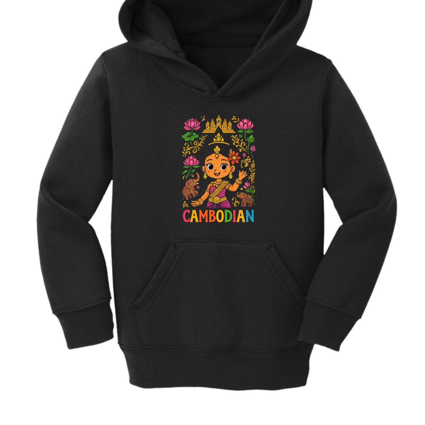 Black hoodie with colorful 'Cambodian' design on a white background