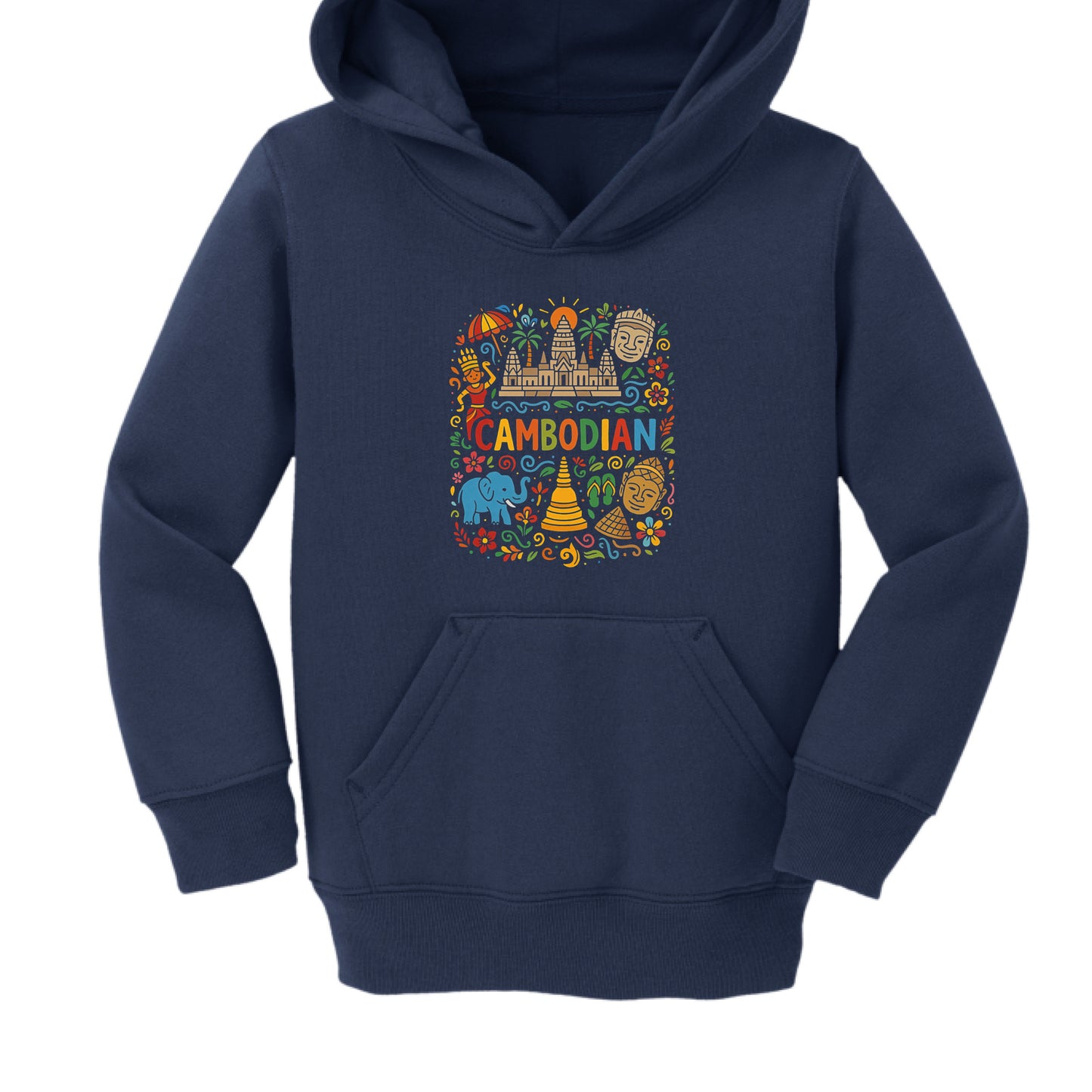 Navy blue hoodie with colorful 'Cambodian' design on a white background