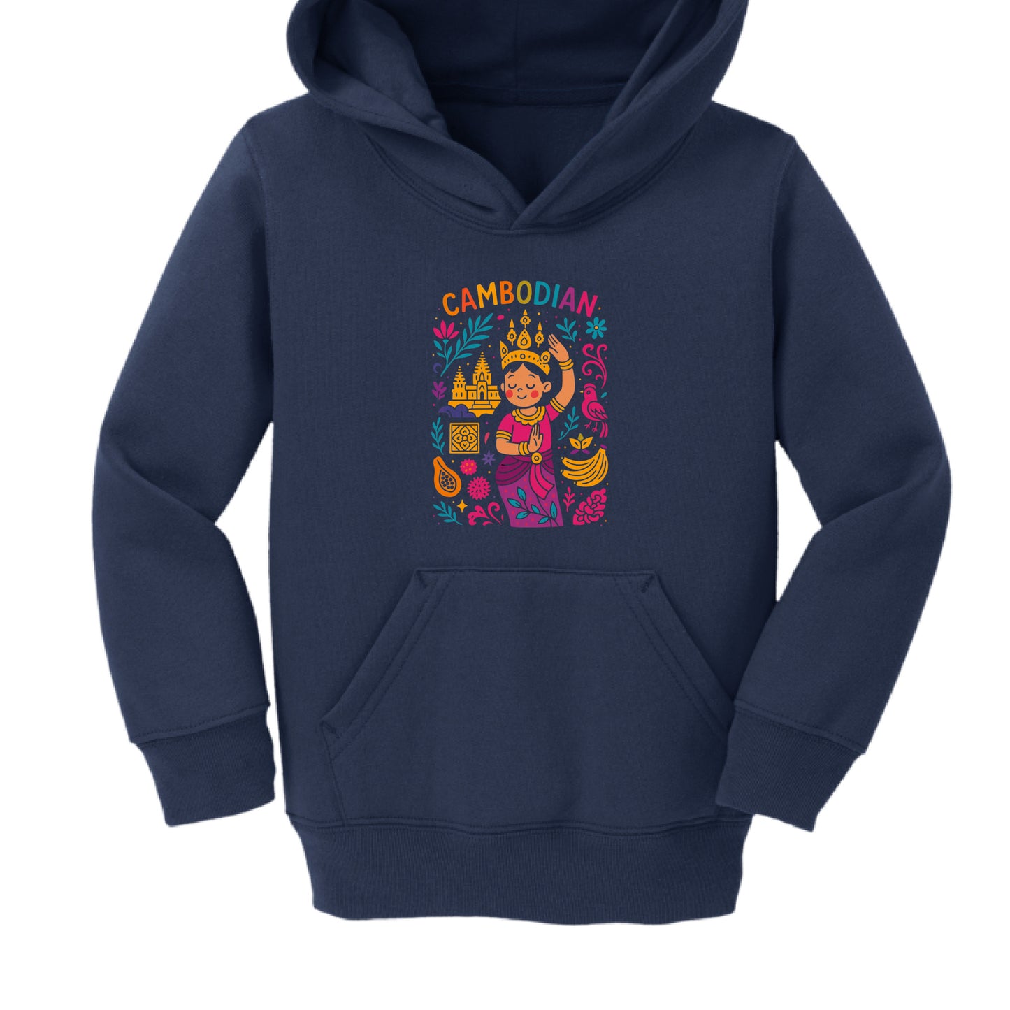 Navy blue hoodie with colorful Cambodian design on a white background