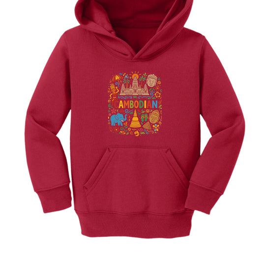 This hoodie is a deep red or maroon color and features a dense, square-shaped collage of icons.

Iconography: The graphic includes a central temple, a golden stupa, a blue elephant, traditional stone faces (reminiscent of the Bayon), and floral swirls.

Typography: The word "CAMBODIAN" is centered within the artwork in multi-colored letters.

Palette: The design uses a warm palette of gold, orange, and red, accented by pops of blue and green.