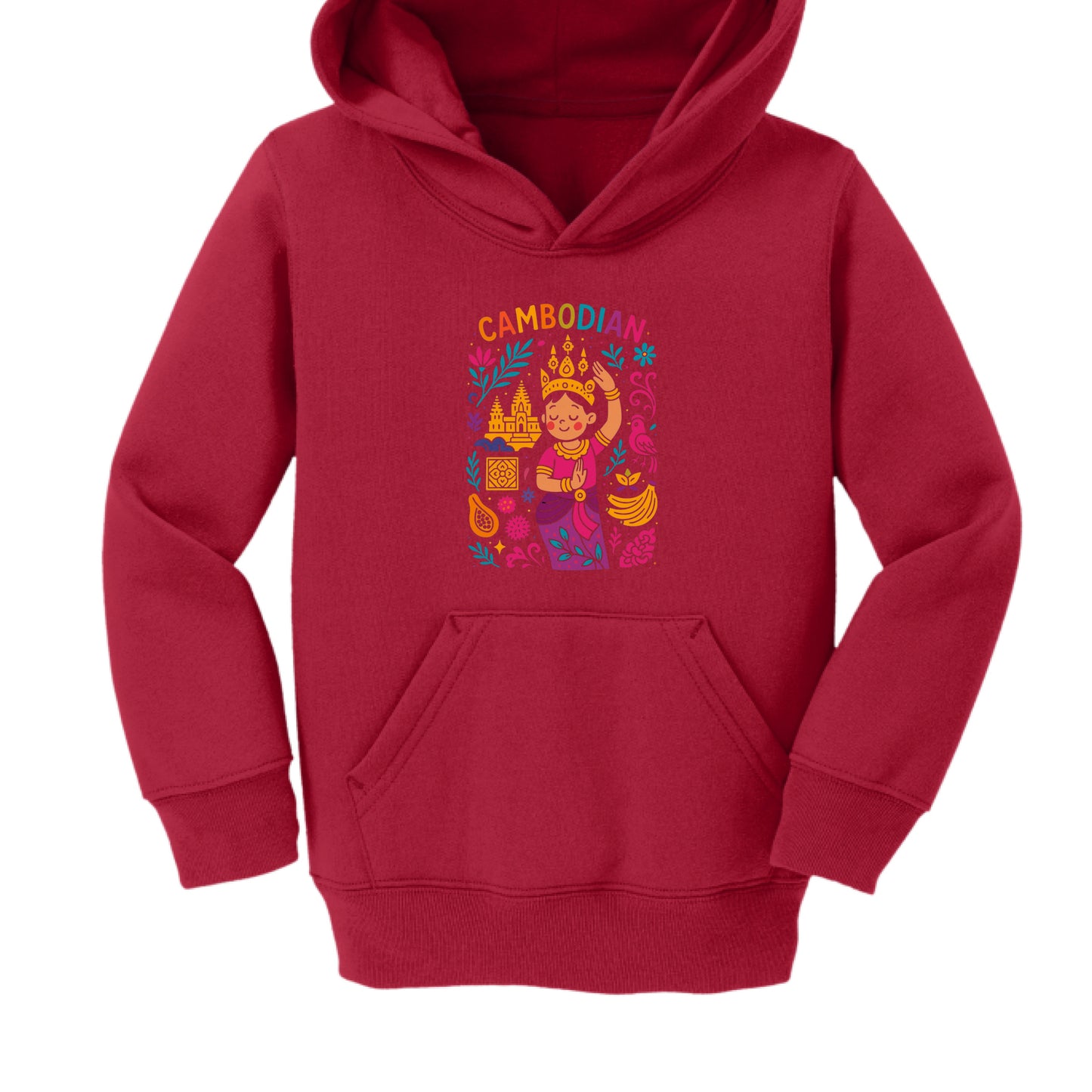 Red hoodie with colorful Cambodian design on a white background