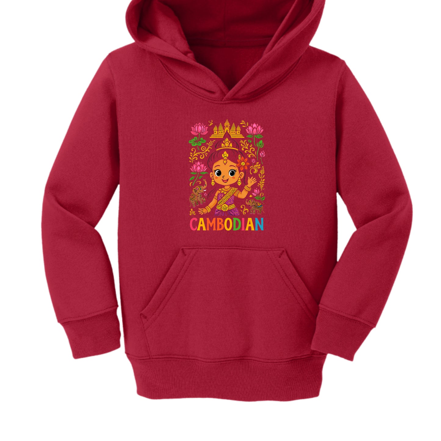 This image features a children's pullover hoodie in a deep red or maroon color, showcasing a vibrant, illustrative graphic centered on the chest.

Design Details
The central artwork is a colorful, cartoon-style tribute to Cambodian culture, featuring:

Central Figure: A young girl with large, expressive eyes, dressed in traditional Cambodian attire, including a golden headdress (Mokot) and a purple and gold sash.

Cultural Symbols: * Angkor Wat: A stylized golden silhouette of the famous temple complex sits