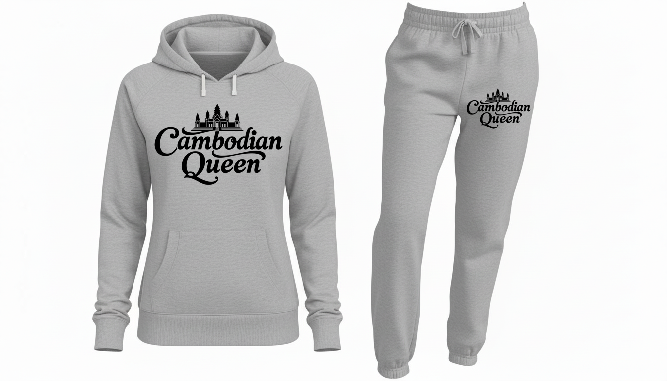 Gray hoodie and sweatpants set with 'Cambodian Queen' text on a white background