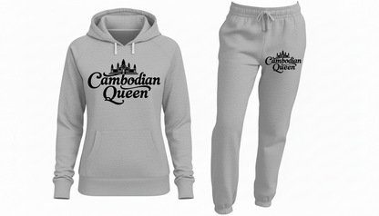Gray hoodie and sweatpants set with 'Cambodian Queen' text on a white background