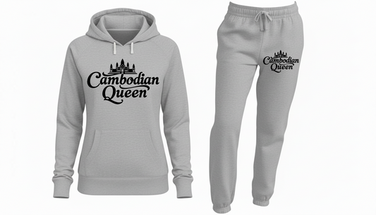 Gray hoodie and sweatpants set with 'Cambodian Queen' text on a white background