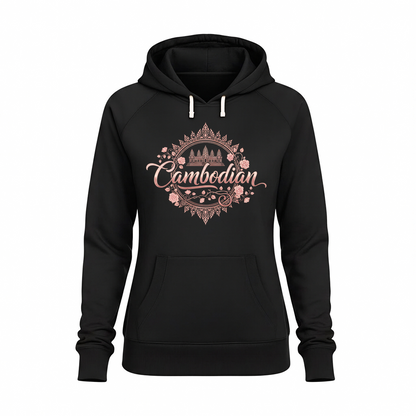 Black hoodie with 'Cambodian' design on a white background