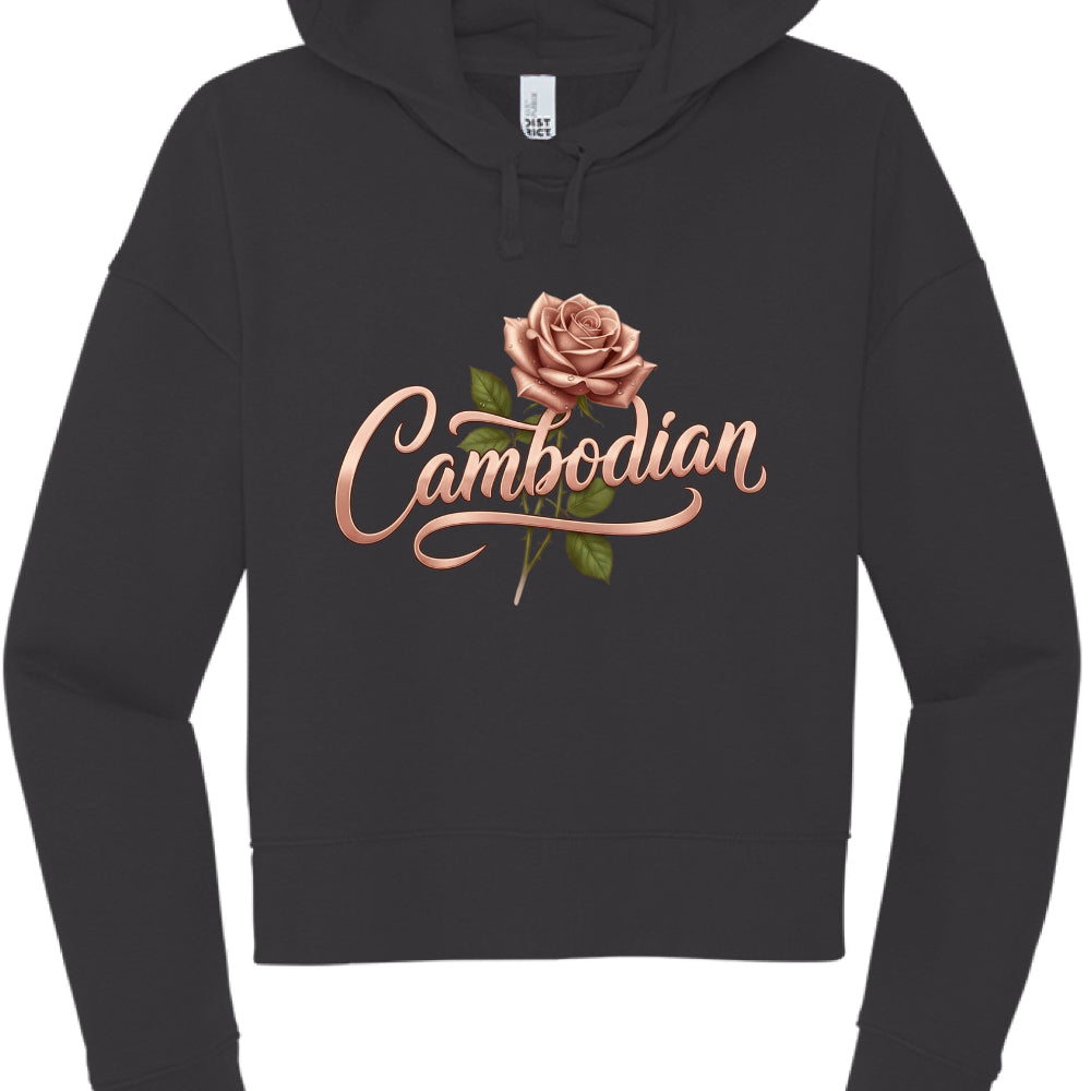Black hoodie with a rose and 'Cambodian' text design on a white background