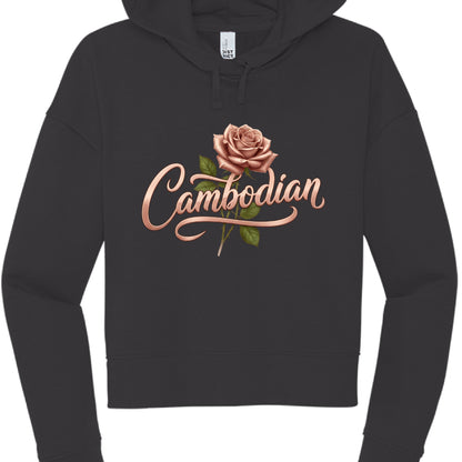 Black hoodie with a rose and 'Cambodian' text design on a white background
