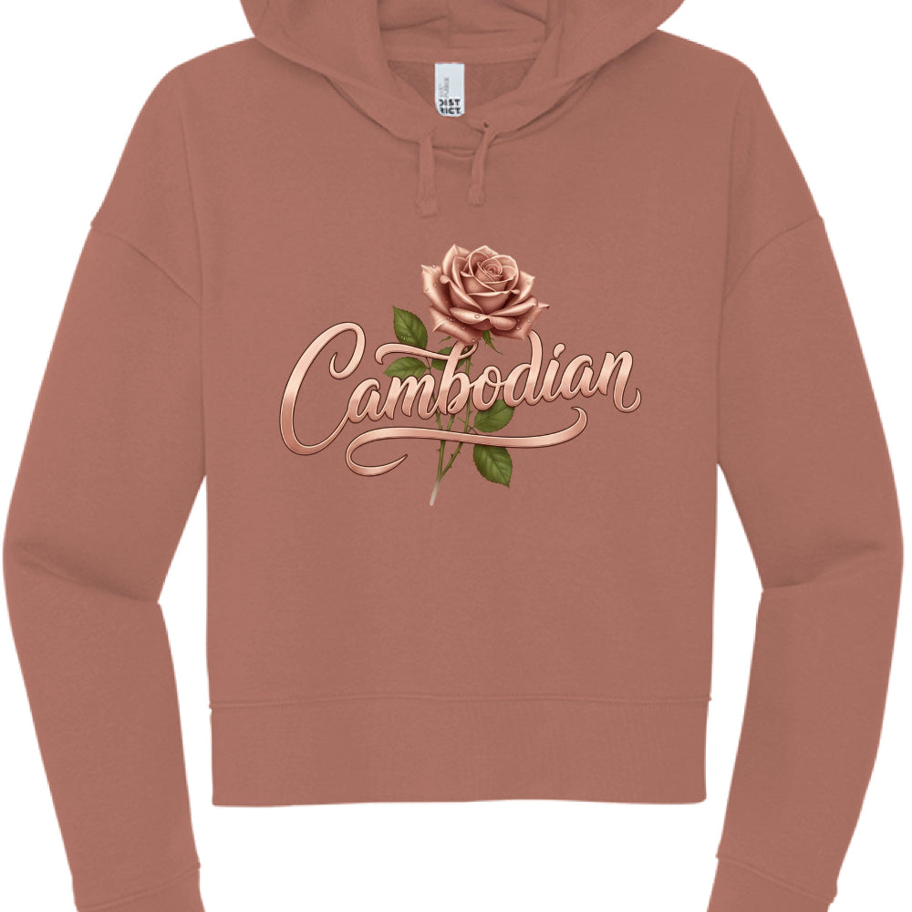 Brown hoodie with a rose and 'Cambodian' text design on a white background