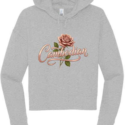 Gray hoodie with a rose and 'Cambodian' text design on a white background