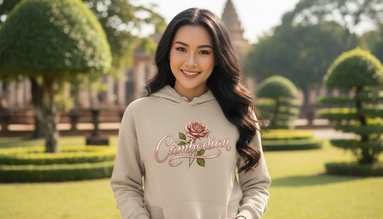 Woman wearing a hoodie with a rose design and 'Cambodian' text in an outdoor setting.