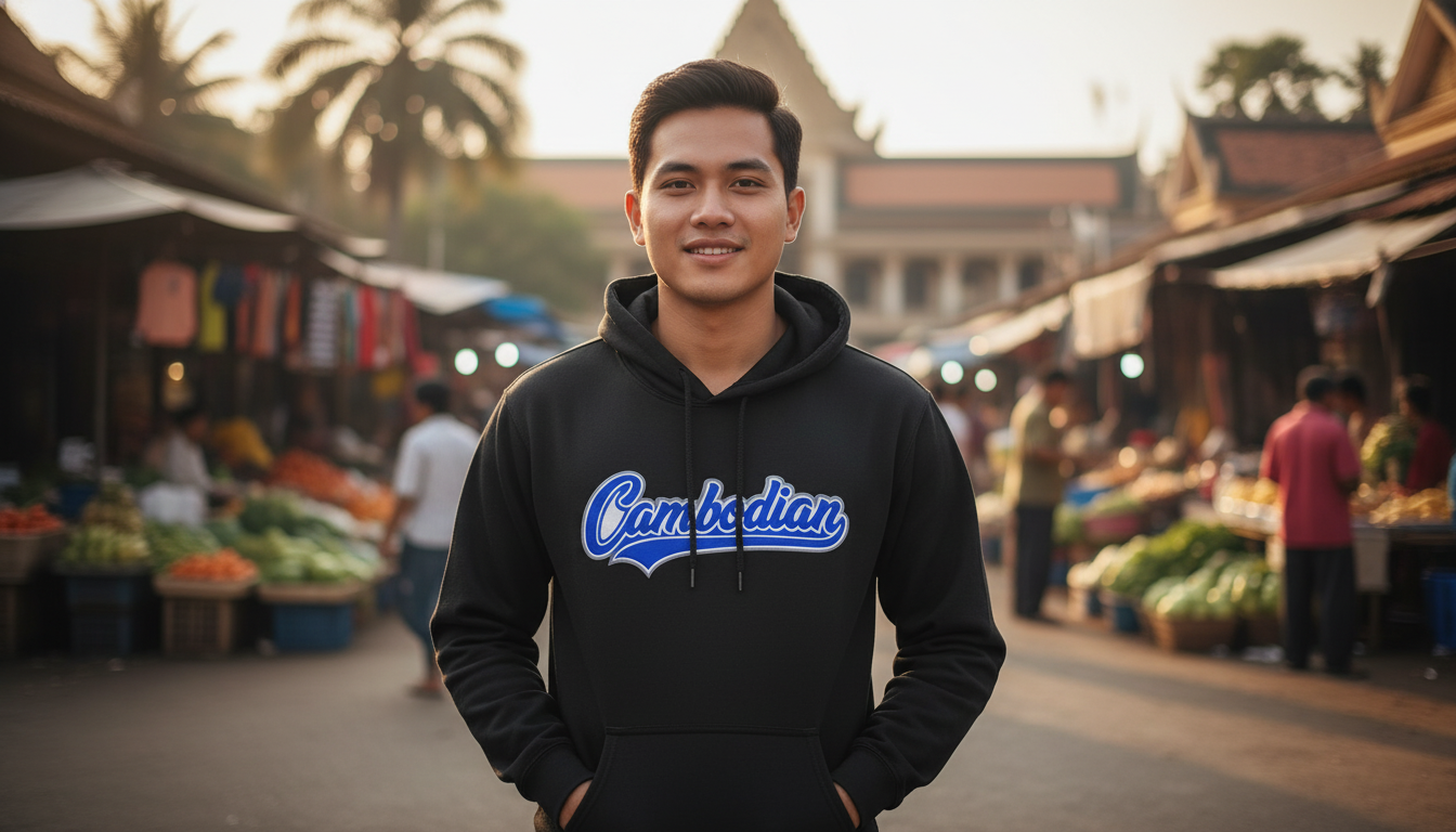 Man wearing a black hoodie with 'Cambodian' text in a market setting