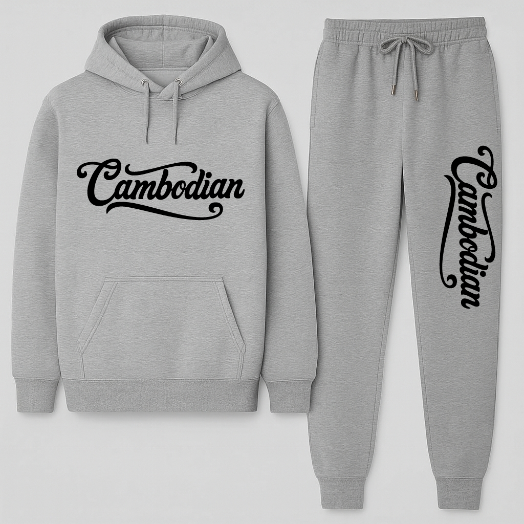 Gray hoodie and jogger set with 'Cambodian' text on a white background