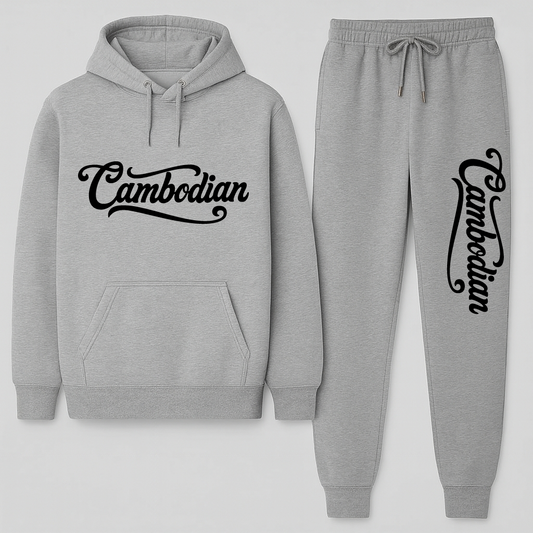 Gray hoodie and jogger set with 'Cambodian' text on a white background