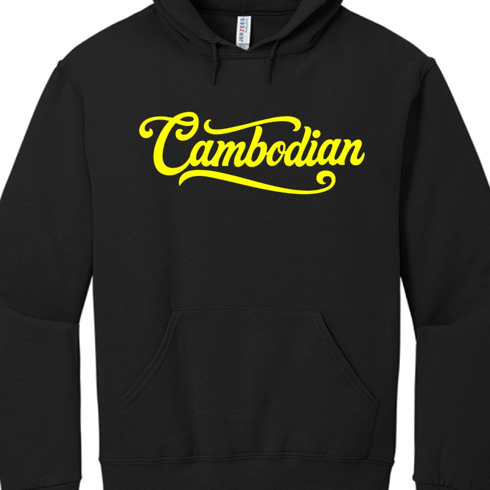These hoodies offer a cleaner, script-focused aesthetic emphasizing identity through bold lettering:

"Cambodian" Script: Each hoodie in this series features the word "Cambodian" written in a stylized, cursive font across the chest.

Color Combinations: The collection includes several variations to suit different styles:

Light gray marl hoodie with black script.

Solid black hoodie featuring the script in vibrant blue, pink, red, or yellow.

Dark red hoodie featuring the script in white.