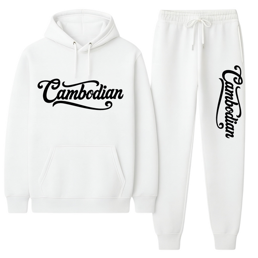 White hoodie and jogger pants set with 'Cambodian' text on a white background
