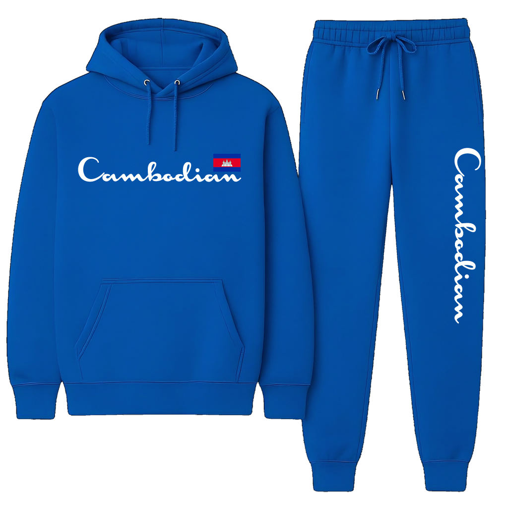 Blue hoodie and jogger set with 'Cambodian' text on a white background