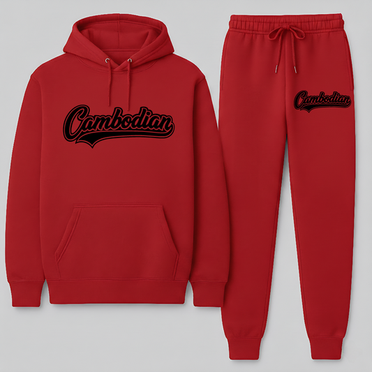 Red hoodie and jogger pants set with 'Cambodian' text on a gray background
