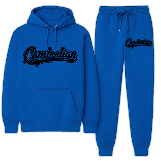 Blue hoodie and jogger set with 'Cambodian' text on a white background