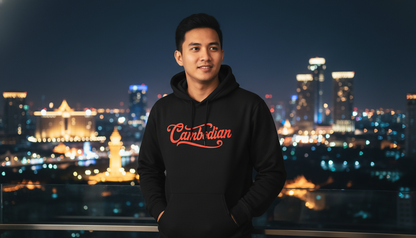 Person wearing a black hoodie with 'Caribbean' text in red against a cityscape at night.