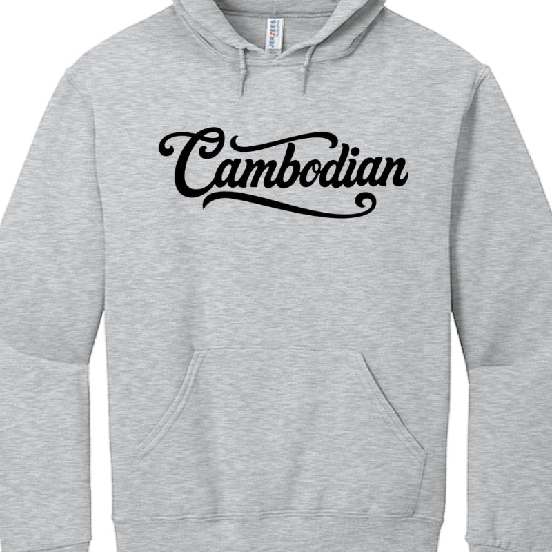 The Minimalist Streetwear Collection
Script Design: A gray marl pullover hoodie features a clean, minimalist aesthetic with the word "Cambodian" written in a bold, black cursive script across the chest.

Typography Focus: This style represents the brand's use of bold typography to emphasize Khmer pride and heritage in a contemporary way.