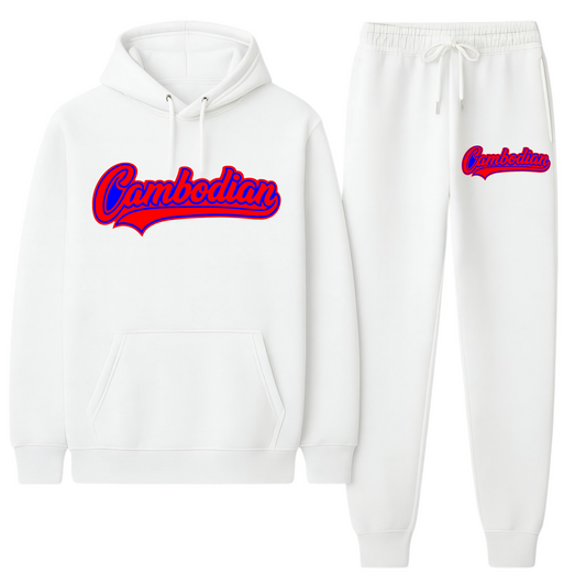 White hoodie and sweatpants set with 'Cambodian' text in red and blue on a white background