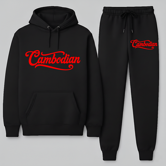 Black hoodie and jogger set with red 'Cambodian' text on a light gray background