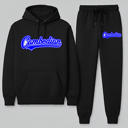 Black hoodie and jogger set with 'Cambodian' text on a gray background