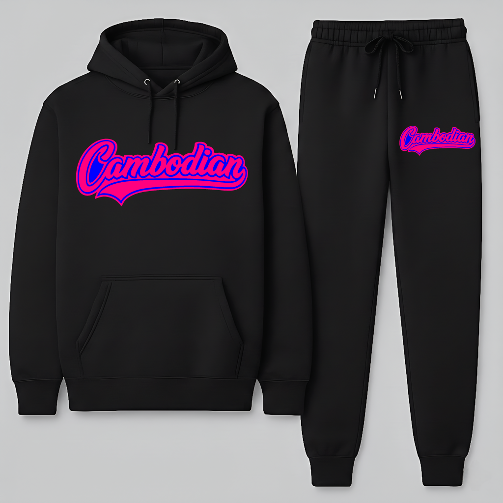 Black hoodie and jogger set with pink 'Cambodian' text on a light gray background