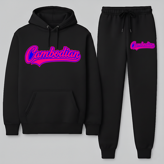 Black hoodie and jogger set with pink 'Cambodian' text on a light gray background