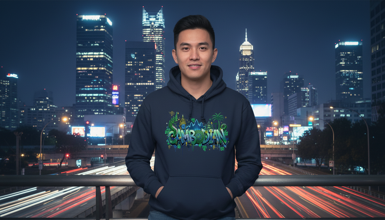 Person wearing a hoodie with a cityscape design in front of a nighttime city skyline.