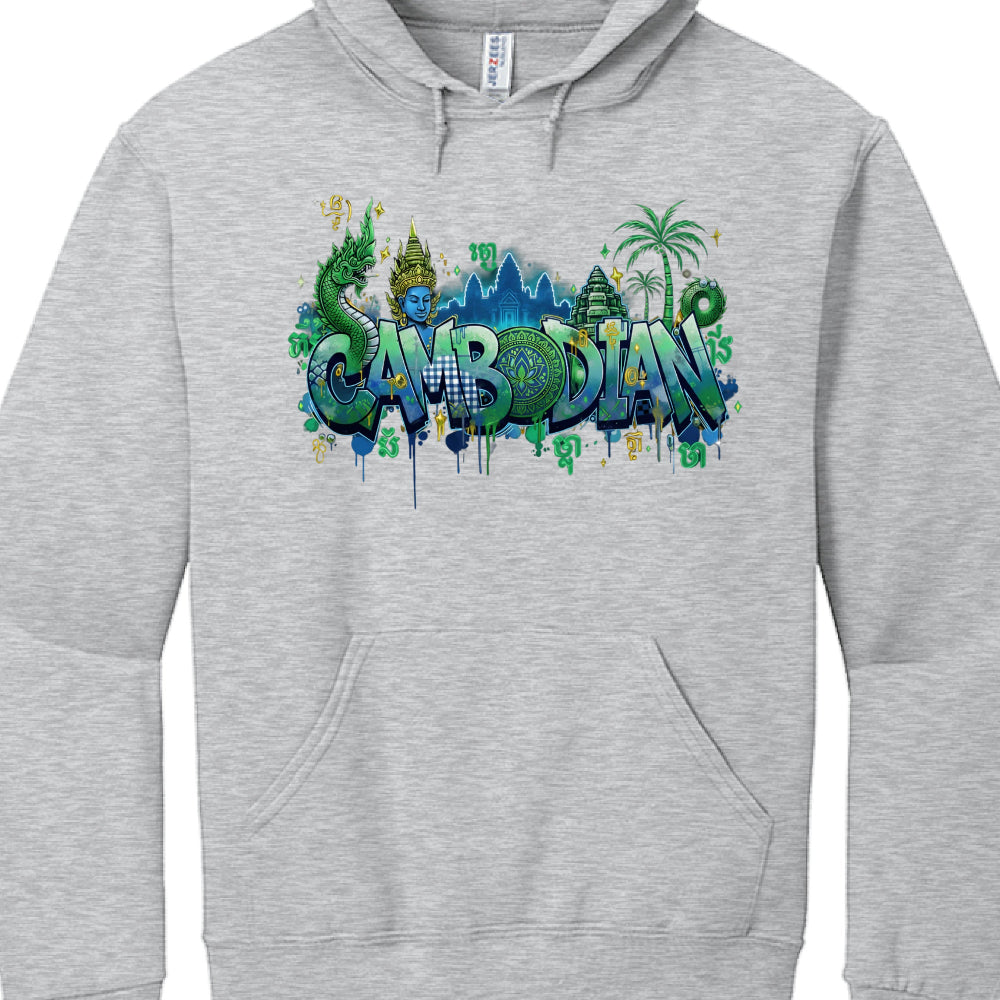 Gray hoodie with colorful 'Cambodian' design featuring temples and nature elements on a white background
