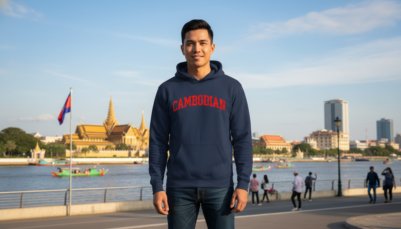 Person wearing a hoodie with 'Cambodian' text, standing in front of a cityscape with a river and buildings.