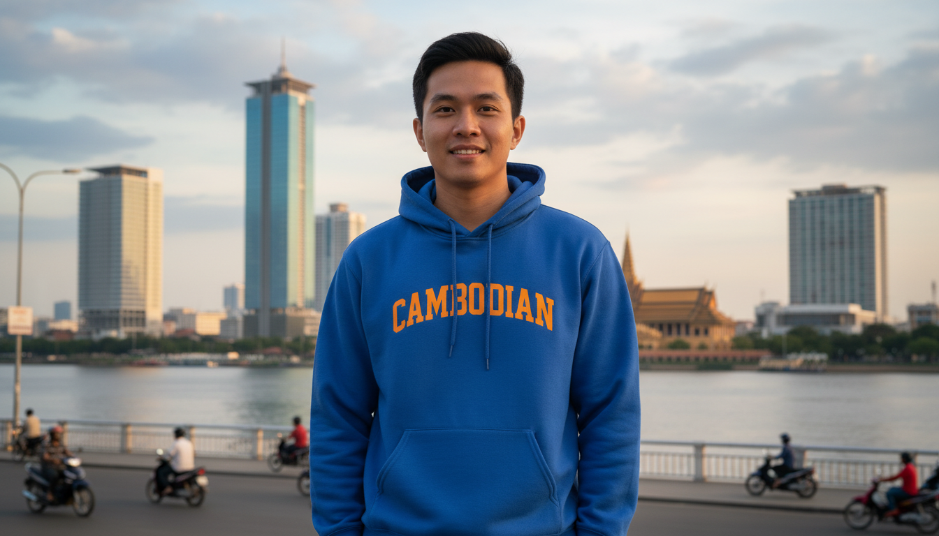 Person wearing a blue hoodie with 'CAMBODIAN' text, standing in front of city skyline and river.