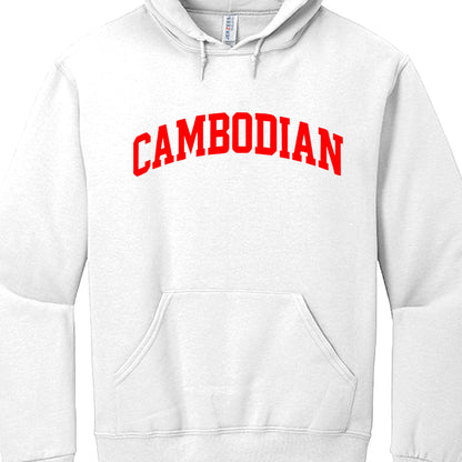 White hoodie with 'CAMBODIAN' printed in red on a white background
