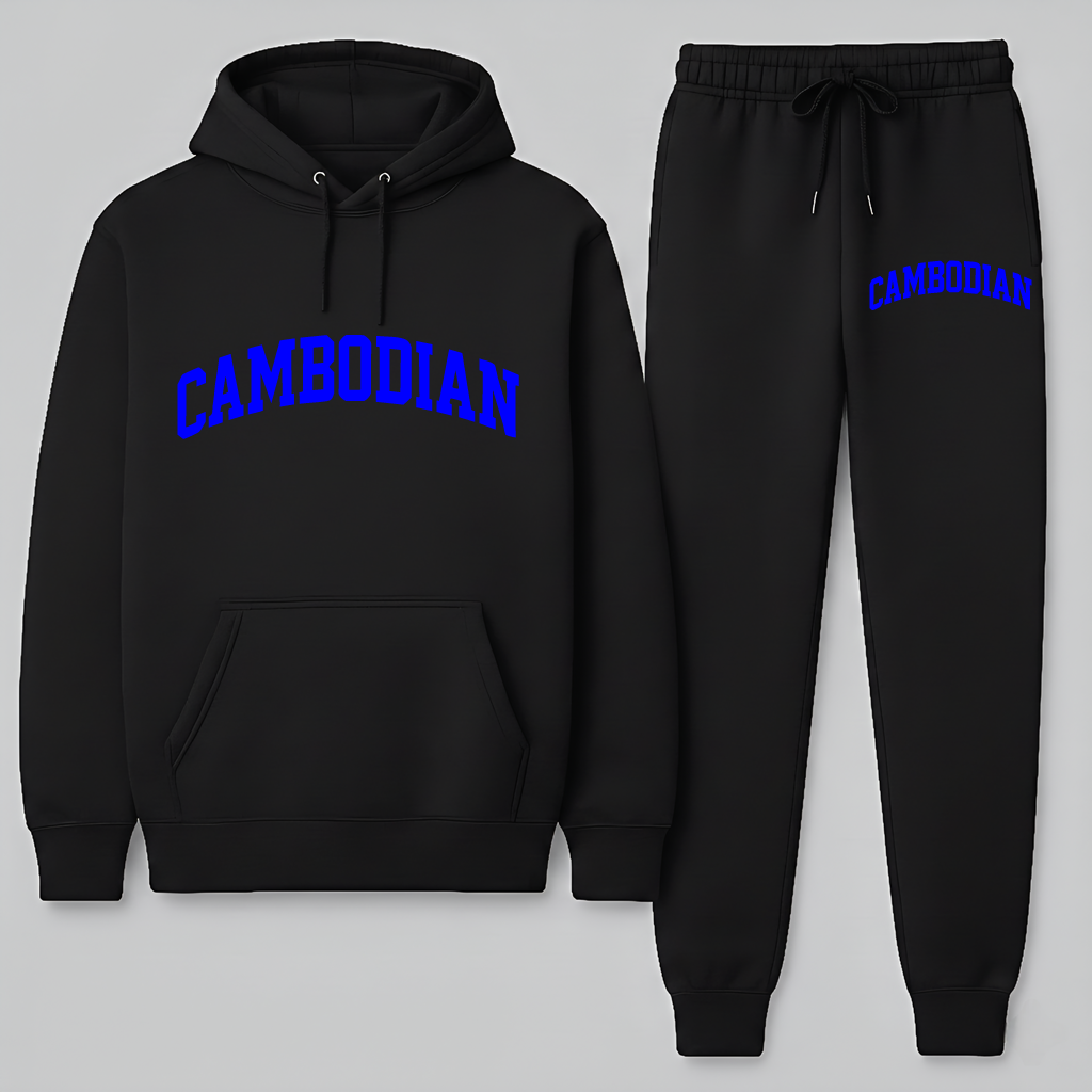 Black hoodie and jogger pants set with 'Cambodian' text on a light gray background