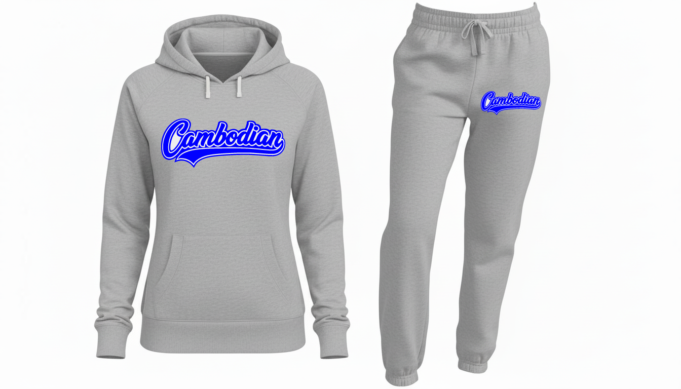 Gray hoodie and sweatpants set with 'Cambodian' text in blue on a white background