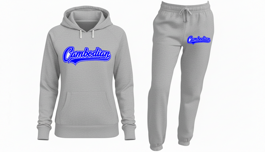 Gray hoodie and sweatpants set with 'Cambodian' text in blue on a white background