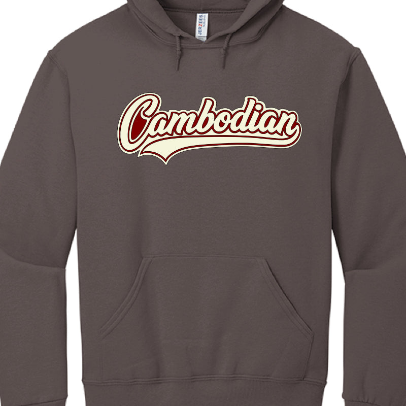 The collection emphasizes cultural identity through bold, stylized lettering in several distinct series:

"Cambodian" Script Series: These hoodies feature the word "Cambodian" in a flowing cursive font across the chest. Color variations include a heather gray base with black script, and solid black or red bases with vibrant text in colors like blue, pink, red, yellow, and white.

"Khmer" Script Series: These pieces display the word "Khmer" in a bold, layered varsity-style script. Examples include gray and b