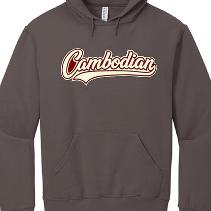 The collection emphasizes cultural identity through bold, stylized lettering in several distinct series:

"Cambodian" Script Series: These hoodies feature the word "Cambodian" in a flowing cursive font across the chest. Color variations include a heather gray base with black script, and solid black or red bases with vibrant text in colors like blue, pink, red, yellow, and white.

"Khmer" Script Series: These pieces display the word "Khmer" in a bold, layered varsity-style script. Examples include gray and b