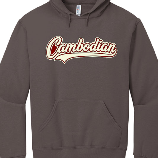 The collection emphasizes cultural identity through bold, stylized lettering in several distinct series:

"Cambodian" Script Series: These hoodies feature the word "Cambodian" in a flowing cursive font across the chest. Color variations include a heather gray base with black script, and solid black or red bases with vibrant text in colors like blue, pink, red, yellow, and white.

"Khmer" Script Series: These pieces display the word "Khmer" in a bold, layered varsity-style script. Examples include gray and b