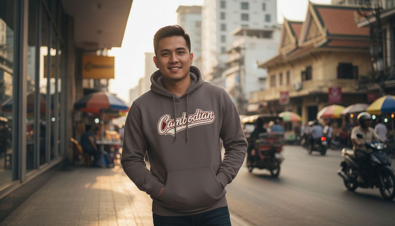 Man wearing a hoodie with 'Cambodian' text on a street in an urban setting