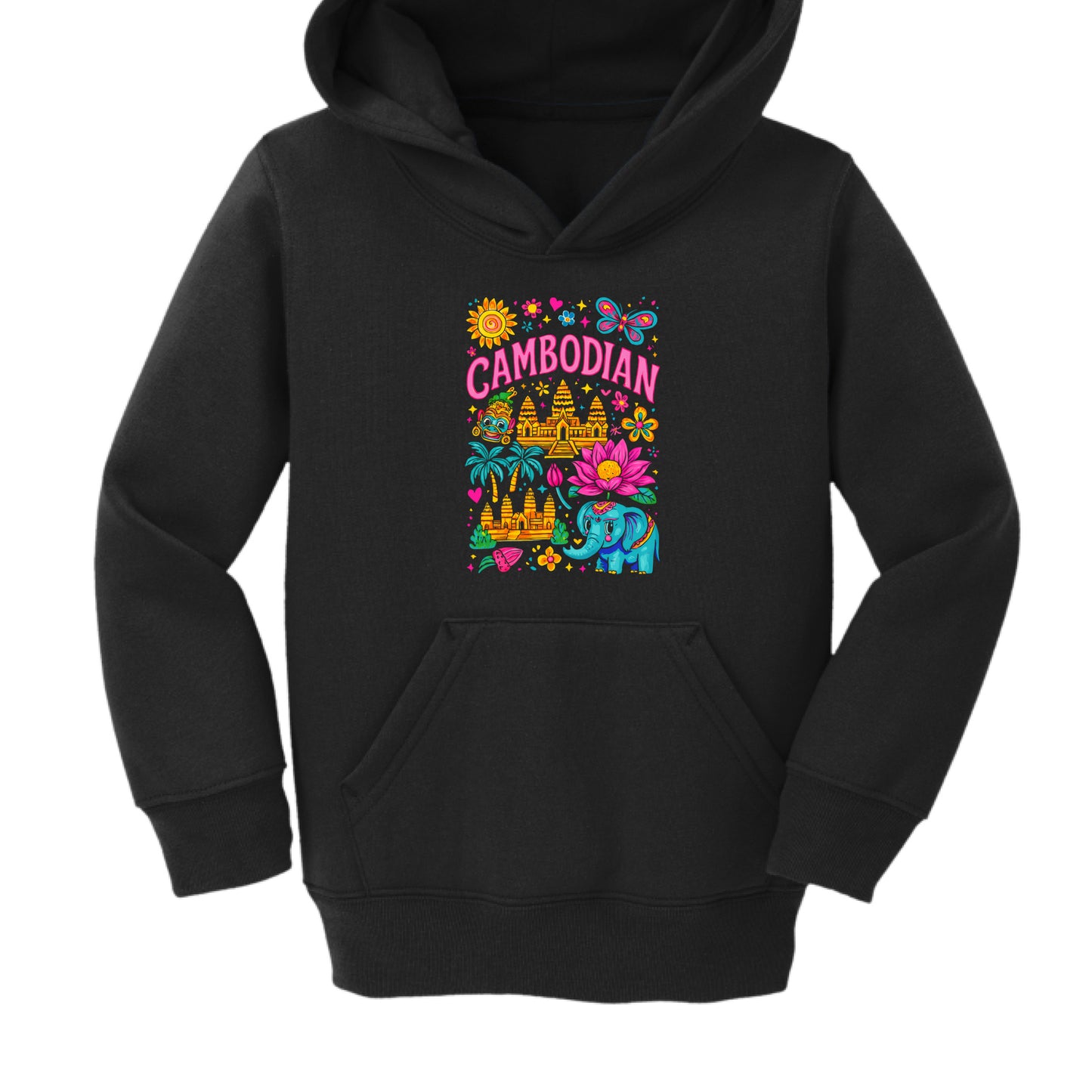 Black hoodie with colorful 'Cambodian' design on a white background